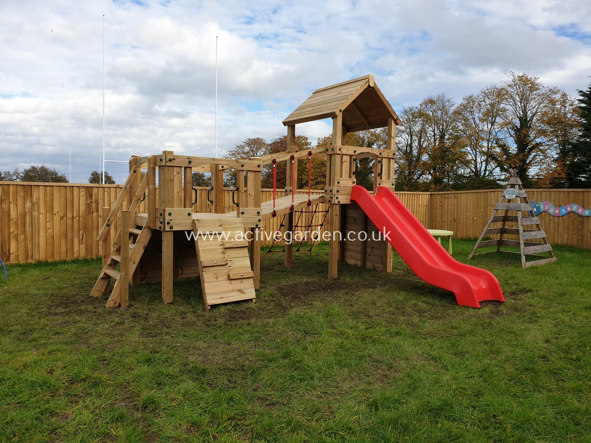 Croft Towers with slide, ladder, climbing walls, net, left-right climber and bridge