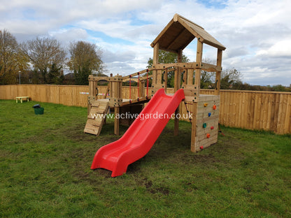 Croft Towers with slide, ladder, climbing walls, net, left-right climber and bridge