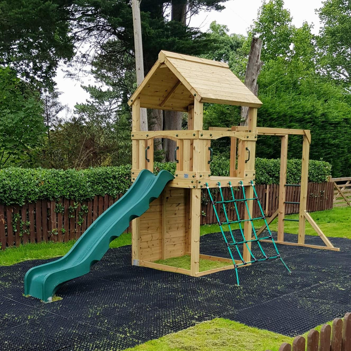 Goodrich Tower with slide, climbing wall, net and monkey bars