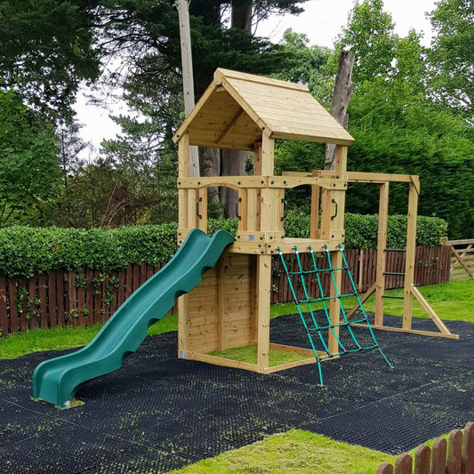 Goodrich Tower with slide, climbing wall, net and monkey bars