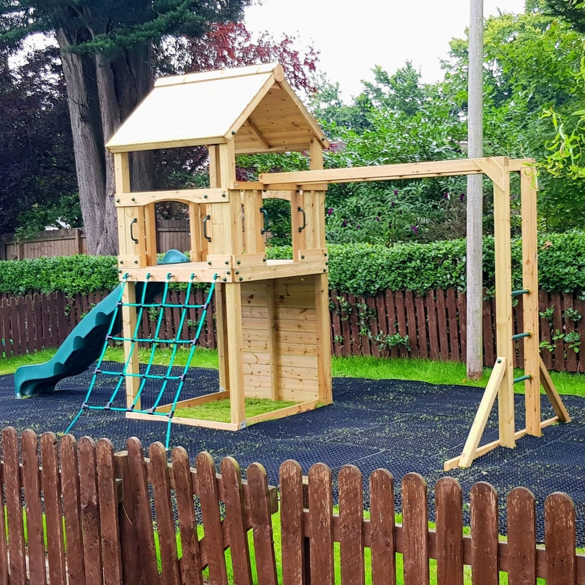 Goodrich Tower with slide, climbing wall, net and monkey bars