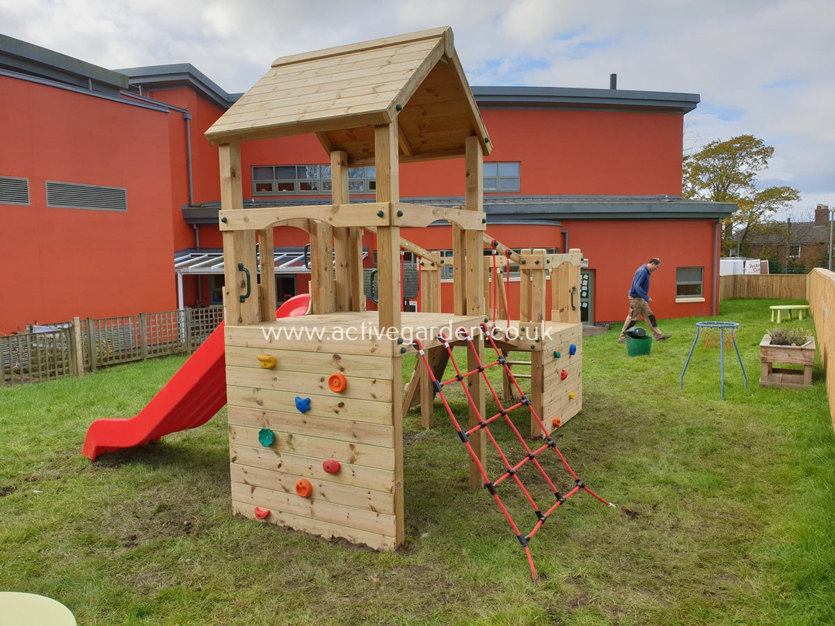 Croft Towers with slide, ladder, climbing walls, net, left-right climber and bridge