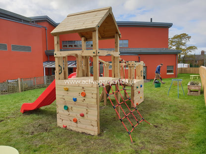 Croft Towers with slide, ladder, climbing walls, net, left-right climber and bridge