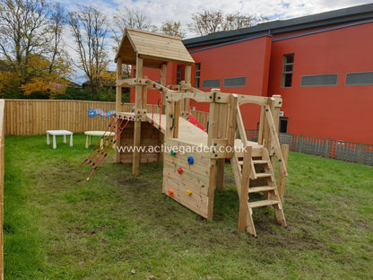 Croft Towers with slide, ladder, climbing walls, net, left-right climber and bridge