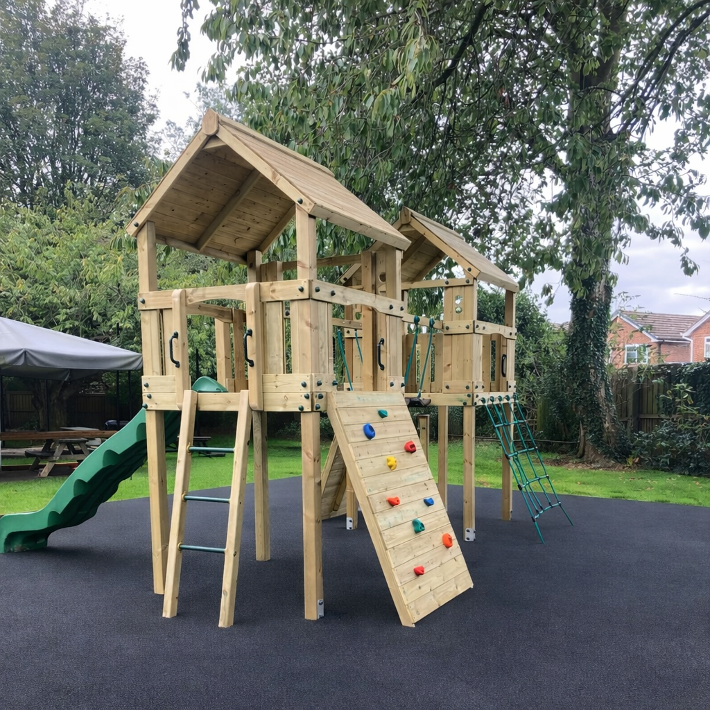 ACTIVE Woodland towers – 2x 1.5 height platforms, with slide, 4 accessories