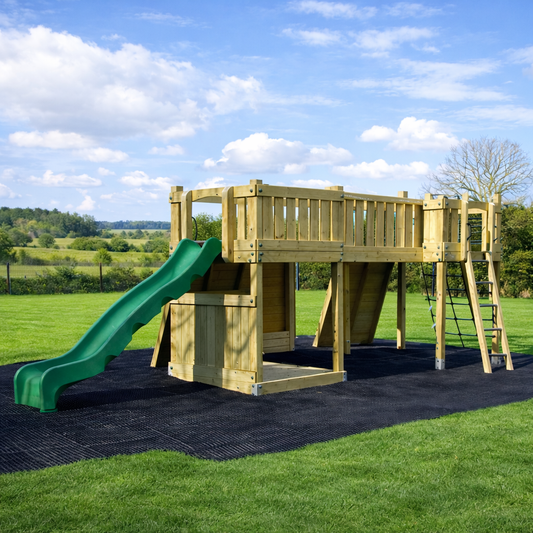 ACTIVE Lodge climbing frame – 2x 1.5 height platforms, with slide, 4 accessories