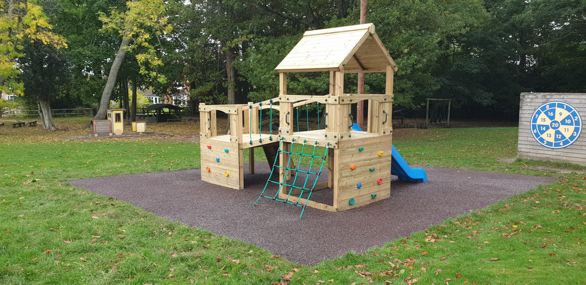 Croft Towers with slide, ladder, climbing walls, net, left-right climber and bridge