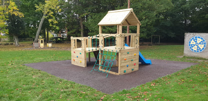 Croft Towers with slide, ladder, climbing walls, net, left-right climber and bridge
