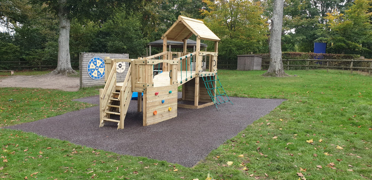 Croft Towers with slide, ladder, climbing walls, net, left-right climber and bridge
