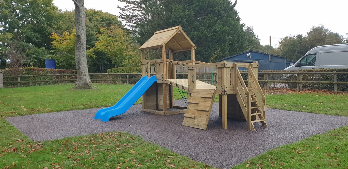 Croft Towers with slide, ladder, climbing walls, net, left-right climber and bridge