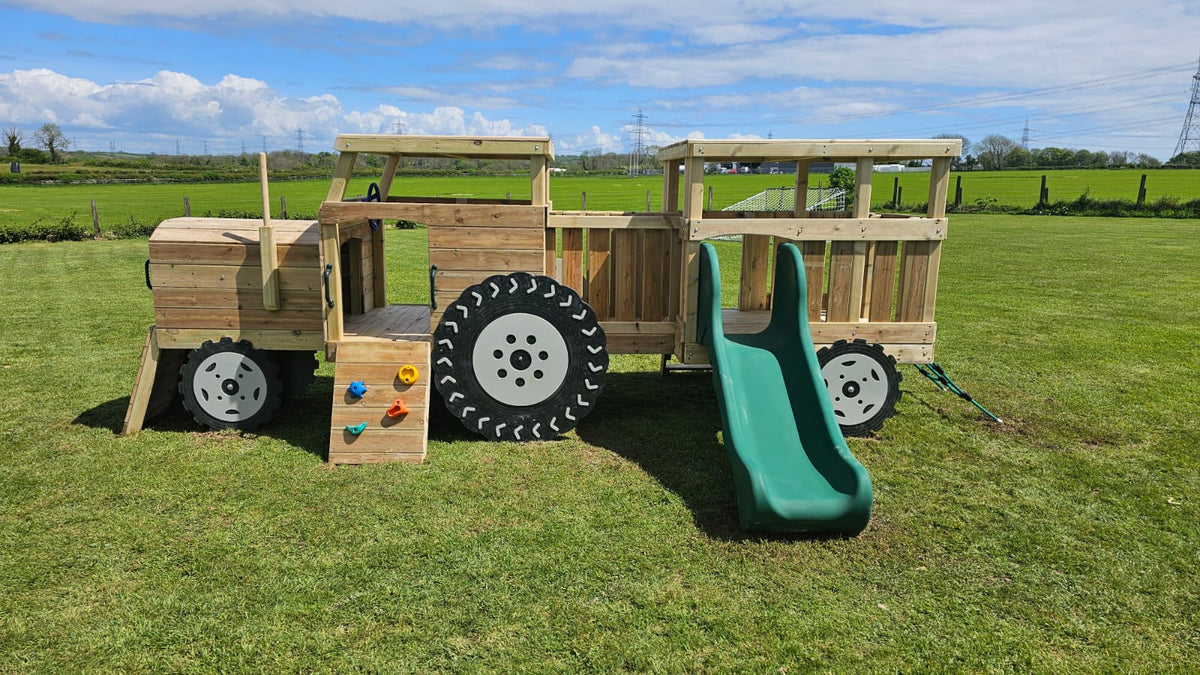 Wooden Toddler / infant Tractor and Trailer with roof, slide and climbing