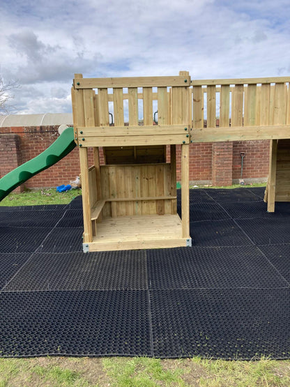 ACTIVE Lodge climbing frame – 2x 1.5 height platforms, with slide, 4 accessories