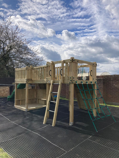 ACTIVE Lodge climbing frame – 2x 1.5 height platforms, with slide, 4 accessories