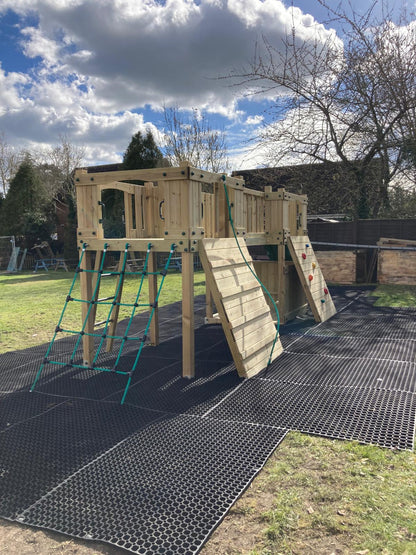 ACTIVE Lodge climbing frame – 2x 1.5 height platforms, with slide, 4 accessories