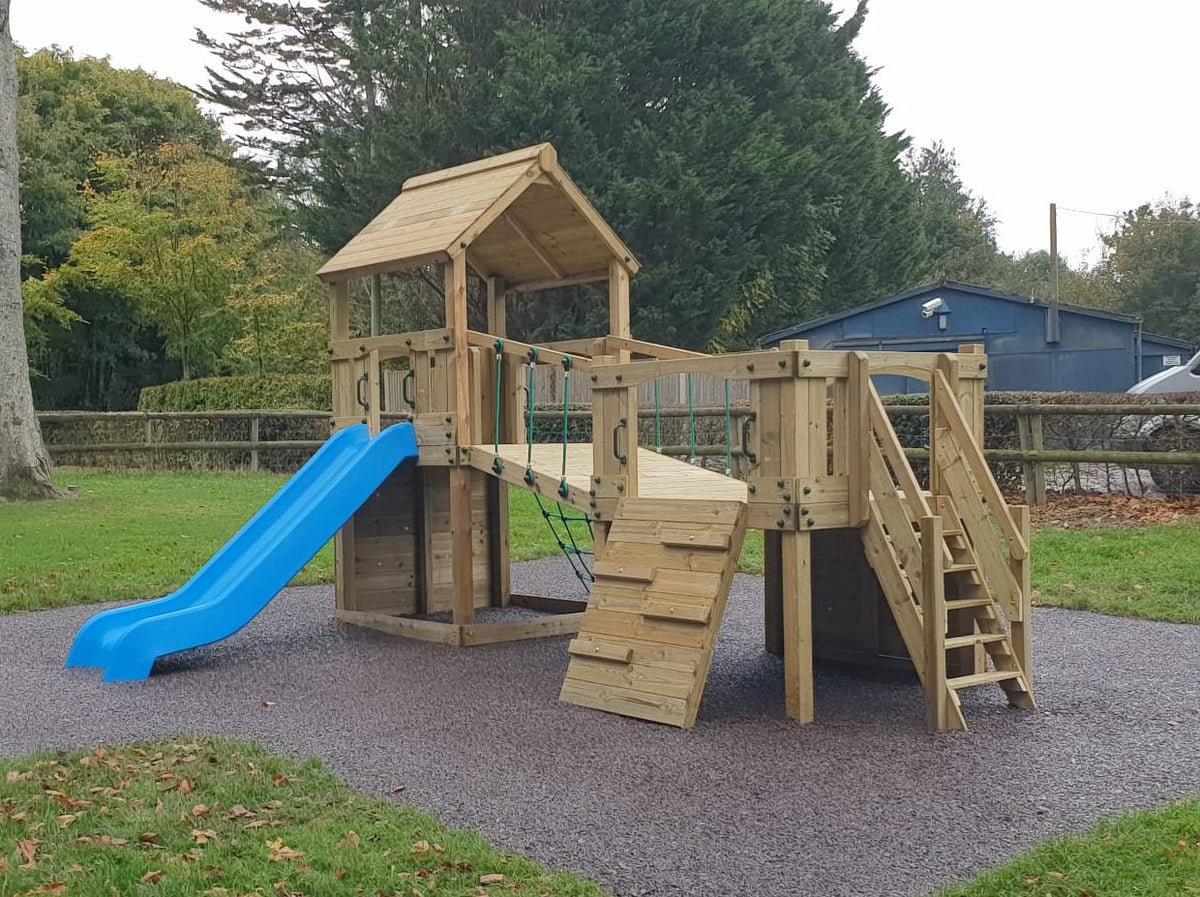 Croft Towers with slide, ladder, climbing walls, net, left-right climber and bridge