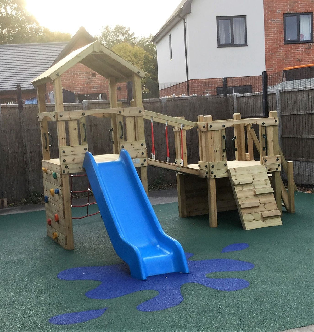 Croft Towers with slide, ladder, climbing walls, net, left-right climber and bridge