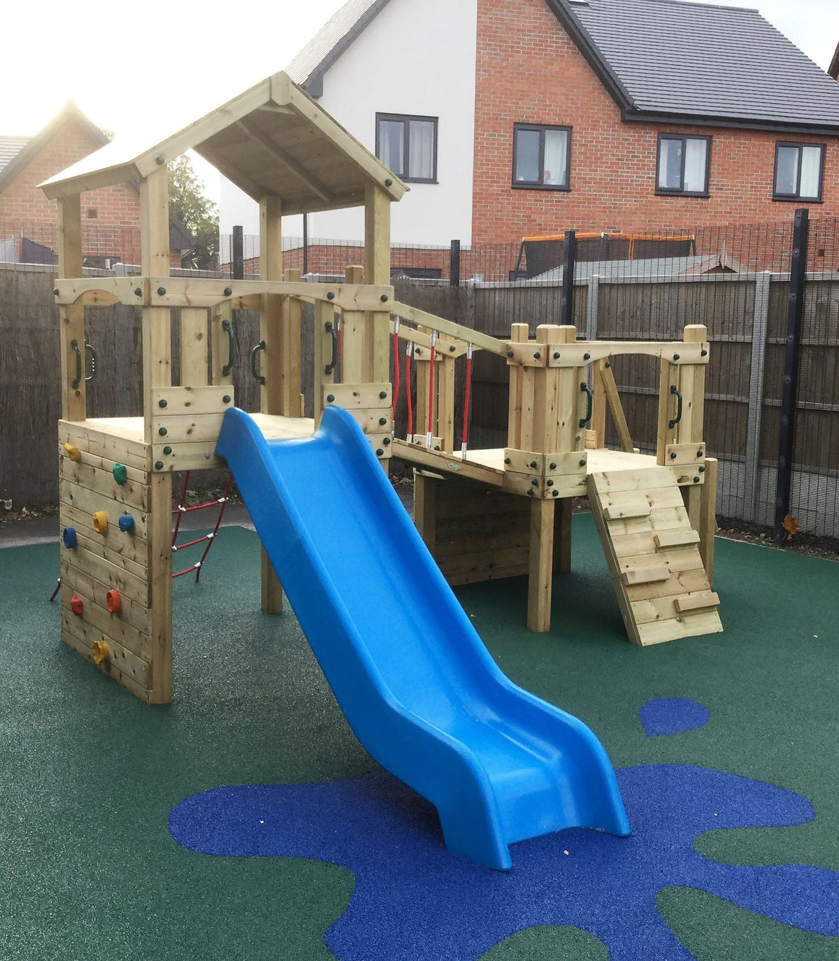 Croft Towers with slide, ladder, climbing walls, net, left-right climber and bridge