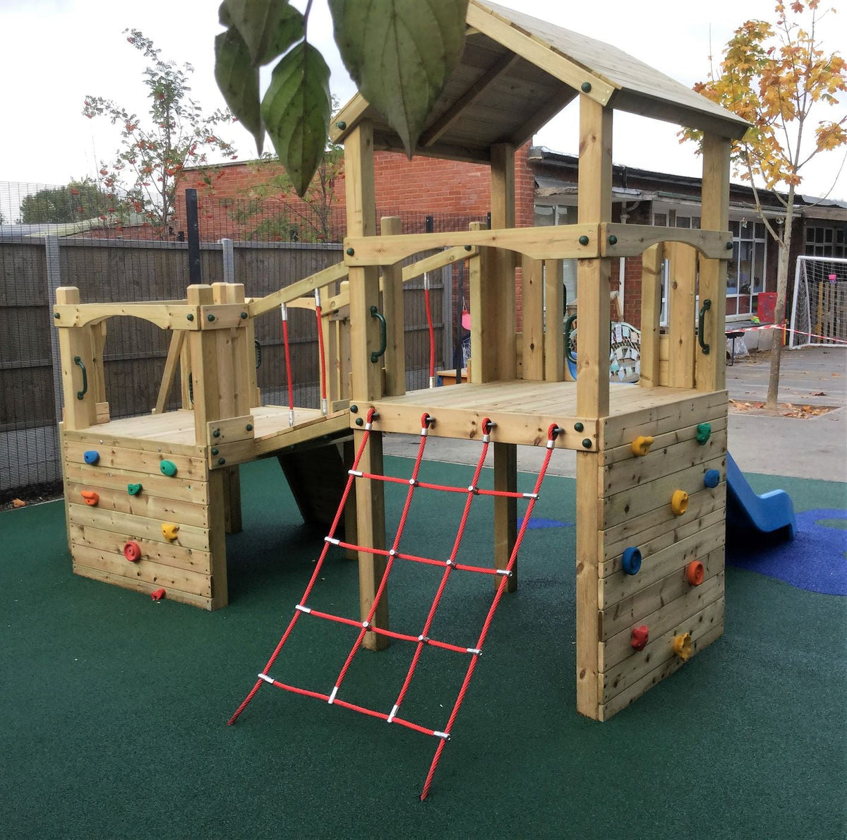Croft Towers with slide, ladder, climbing walls, net, left-right climber and bridge