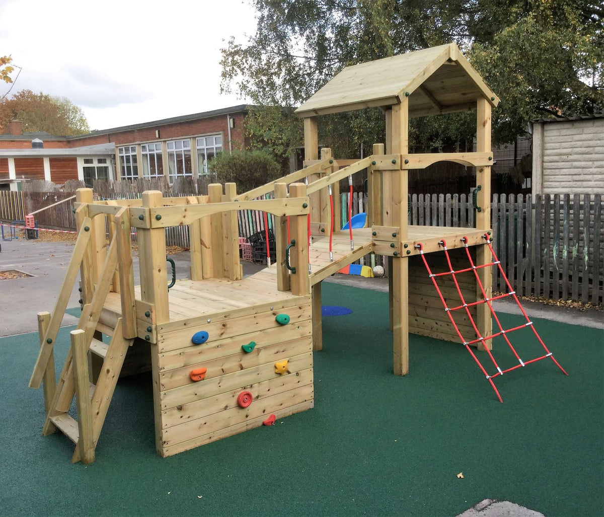 Croft Towers with slide, ladder, climbing walls, net, left-right climber and bridge