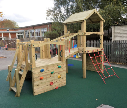 Croft Towers with slide, ladder, climbing walls, net, left-right climber and bridge