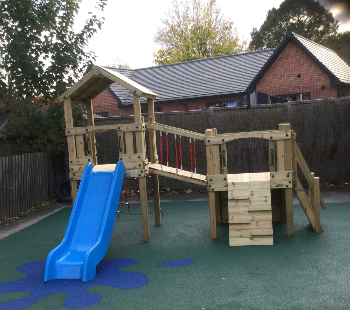 Croft Towers with slide, ladder, climbing walls, net, left-right climber and bridge