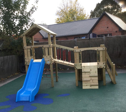 Croft Towers with slide, ladder, climbing walls, net, left-right climber and bridge