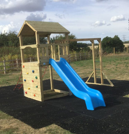 Goodrich Tower with slide, climbing wall, net and monkey bars