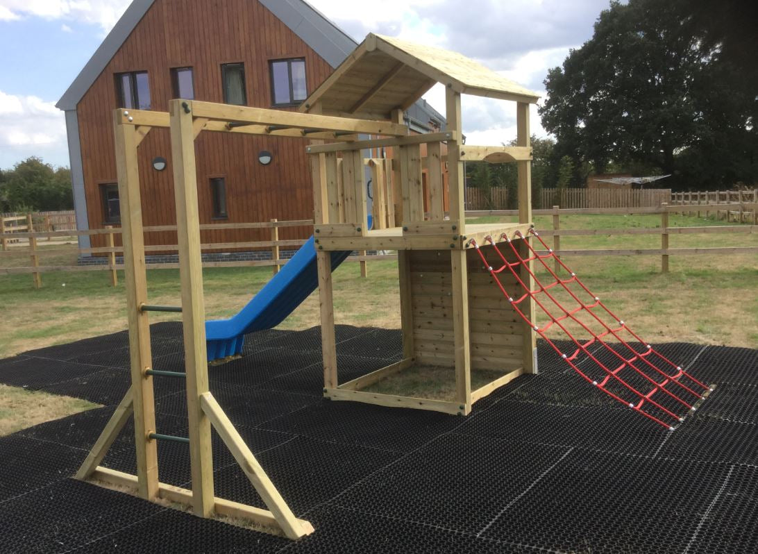 Goodrich Tower with slide, climbing wall, net and monkey bars