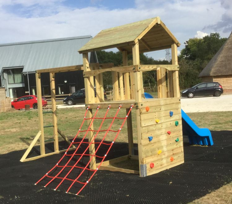 Goodrich Tower with slide, climbing wall, net and monkey bars