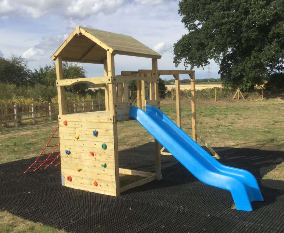 Goodrich Tower with slide, climbing wall, net and monkey bars