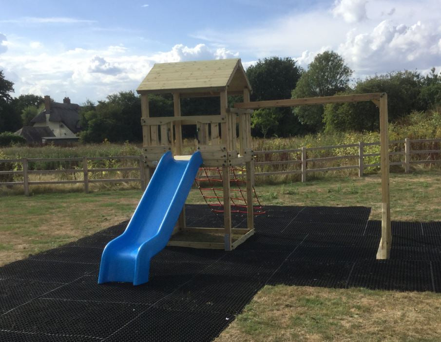 Goodrich Tower with slide, climbing wall, net and monkey bars