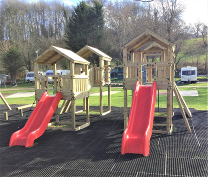 Ludlow Commercial Climbing frame with towers, slides, climbing wall, climber, fireman’s pole and bridges