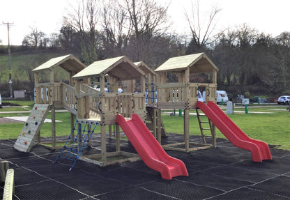 Ludlow Commercial Climbing frame with towers, slides, climbing wall, climber, fireman’s pole and bridges