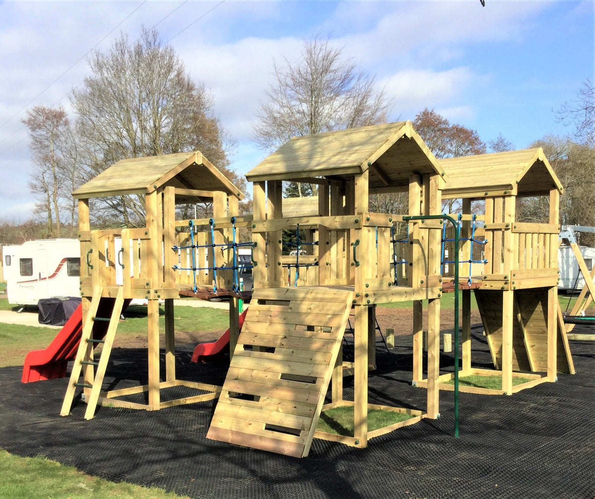 Ludlow Commercial Climbing frame with towers, slides, climbing wall, climber, fireman’s pole and bridges