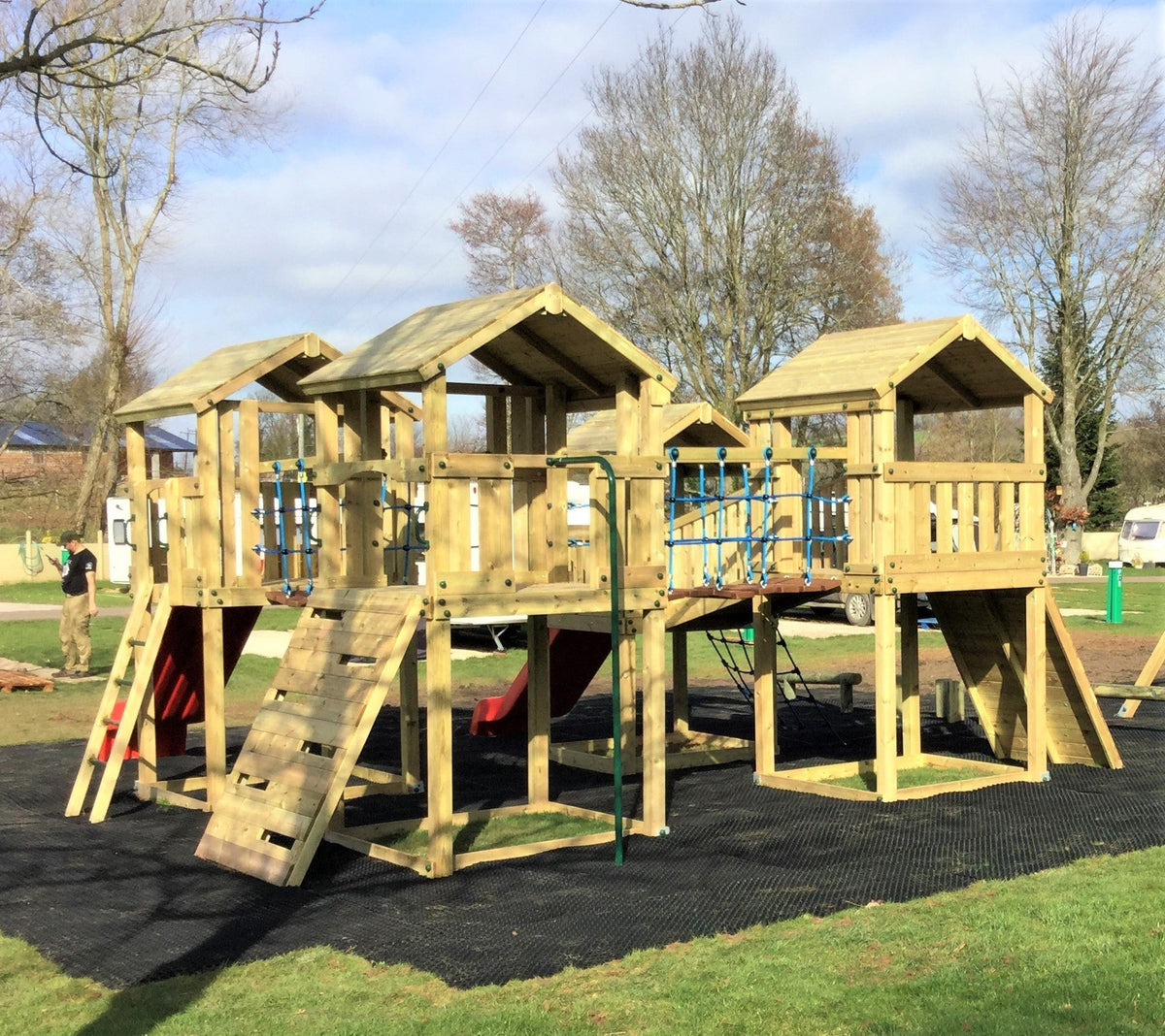 Ludlow Commercial Climbing frame with towers, slides, climbing wall, climber, fireman’s pole and bridges