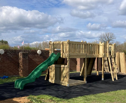ACTIVE Lodge climbing frame – 2x 1.5 height platforms, with slide, 4 accessories